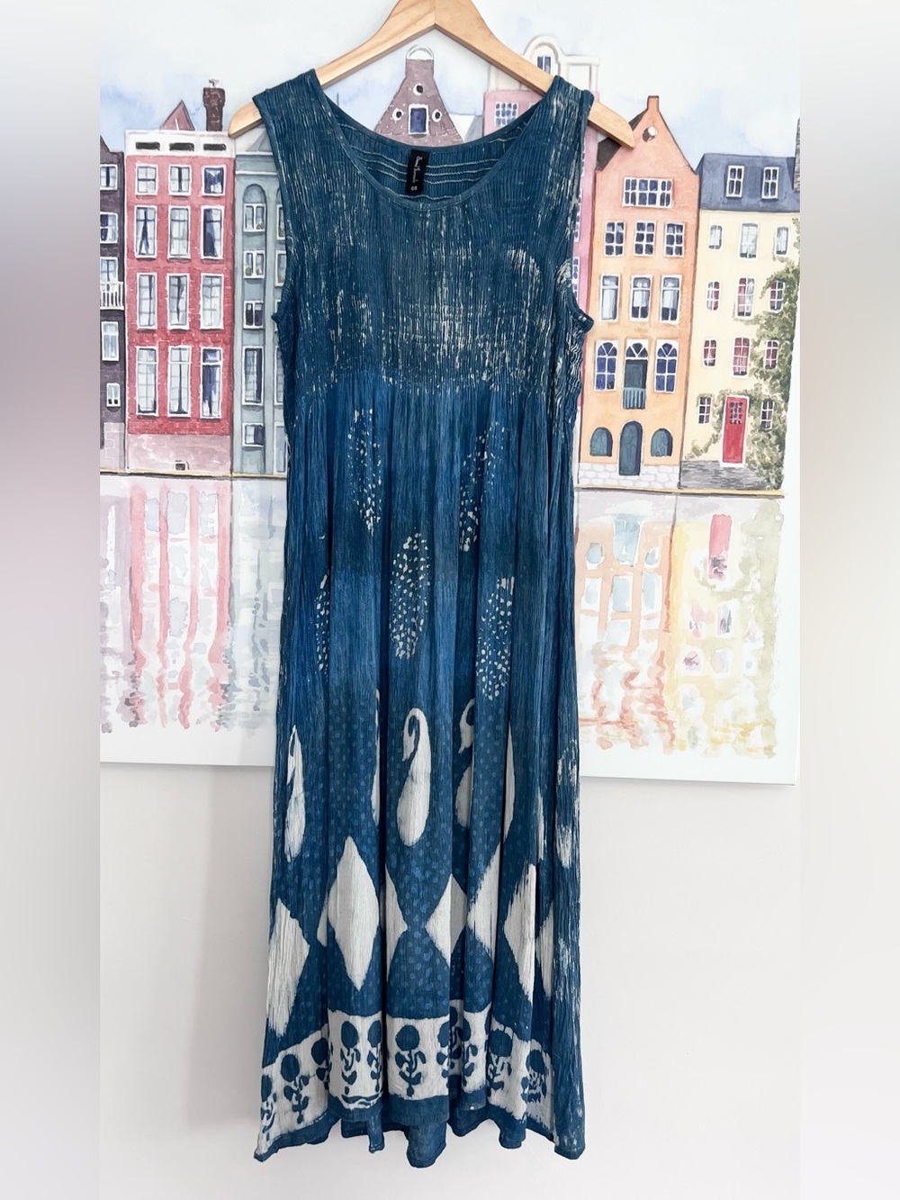 Sacred Threads Blue and White Smocked Printed Maxi Boho Dress One Size